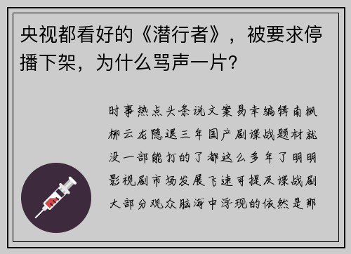 央视都看好的《潜行者》，被要求停播下架，为什么骂声一片？