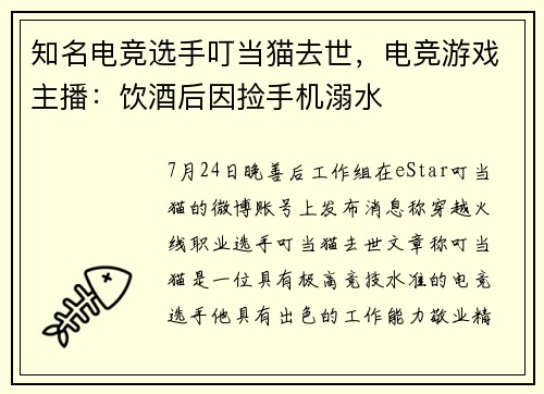 知名电竞选手叮当猫去世，电竞游戏主播：饮酒后因捡手机溺水