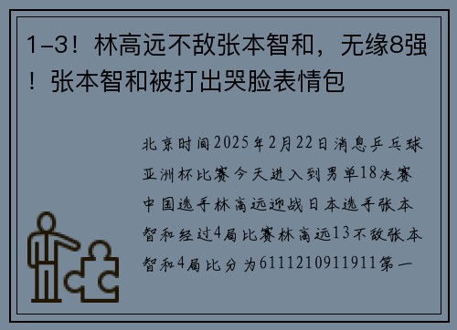 1-3！林高远不敌张本智和，无缘8强！张本智和被打出哭脸表情包