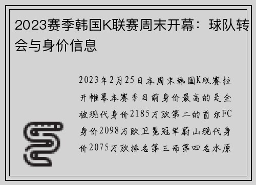 2023赛季韩国K联赛周末开幕：球队转会与身价信息