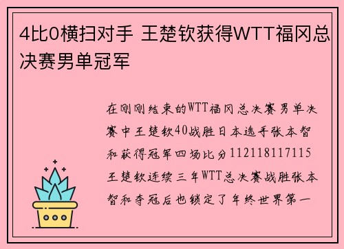 4比0横扫对手 王楚钦获得WTT福冈总决赛男单冠军