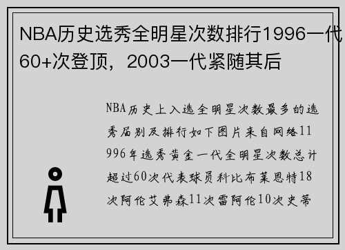 NBA历史选秀全明星次数排行1996一代60+次登顶，2003一代紧随其后